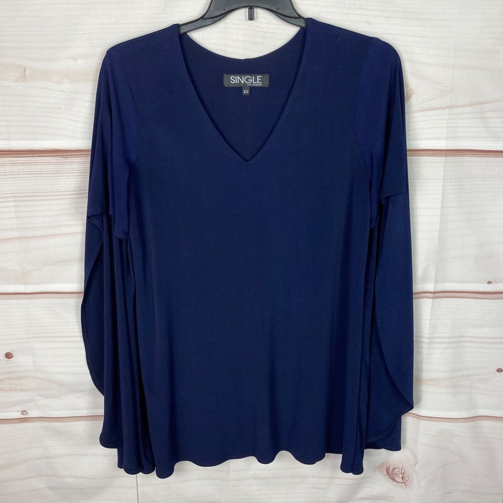 Single Top Womens XS Blue V-Neck Blouse Cape Jersey Knit Tunic Pullover Solid